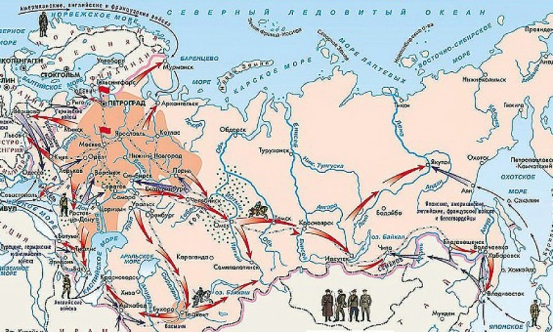 Карта: начало иностранной военной интервенции и гражданская война 1918-1919 гг. — история России