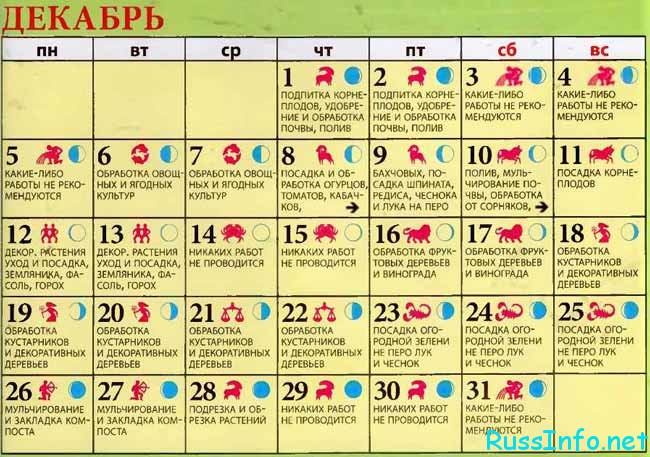 Лунный посевной календарь на декабрь 2018 года
