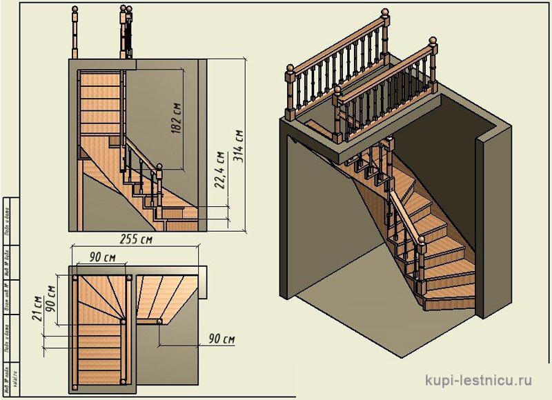 Забежная лестница с поворотом на 90 градусов: описание, расчёты, изготовление